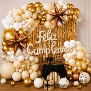 SET DE GLOBOS ARCO XL FELIZ CUMPLEA�OS BLANCO Y ORO (GY 7800) 100 UNIDADES